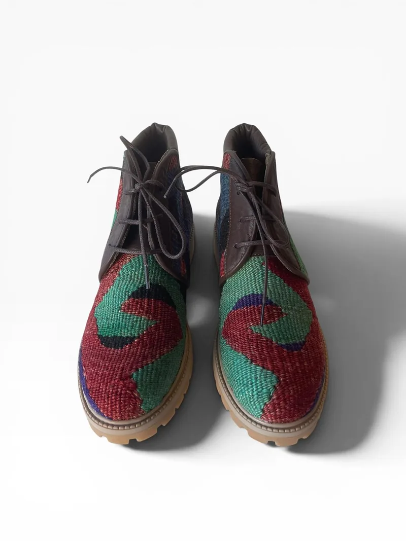 Sivas lace-up boot in an unusually saturated emerald, madder and indigo kilim