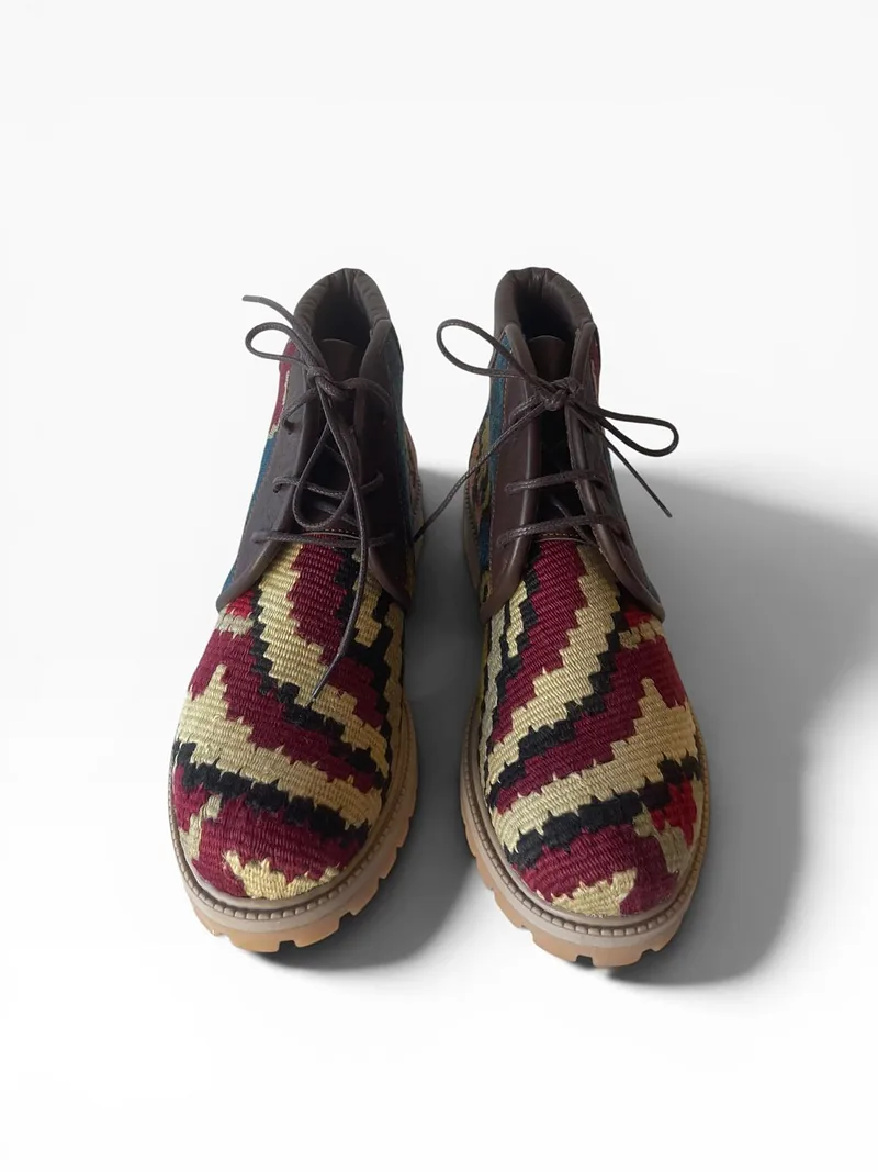 Kayseri lace-up boot in stepped wine and ivory bands from a men's dowry rug pattern