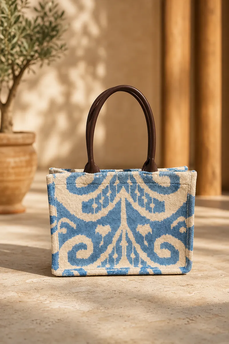 Handmade kilim tote in an indigo-on-cream ikat weave with rolled dark brown handles, set on travertine between wooden columns