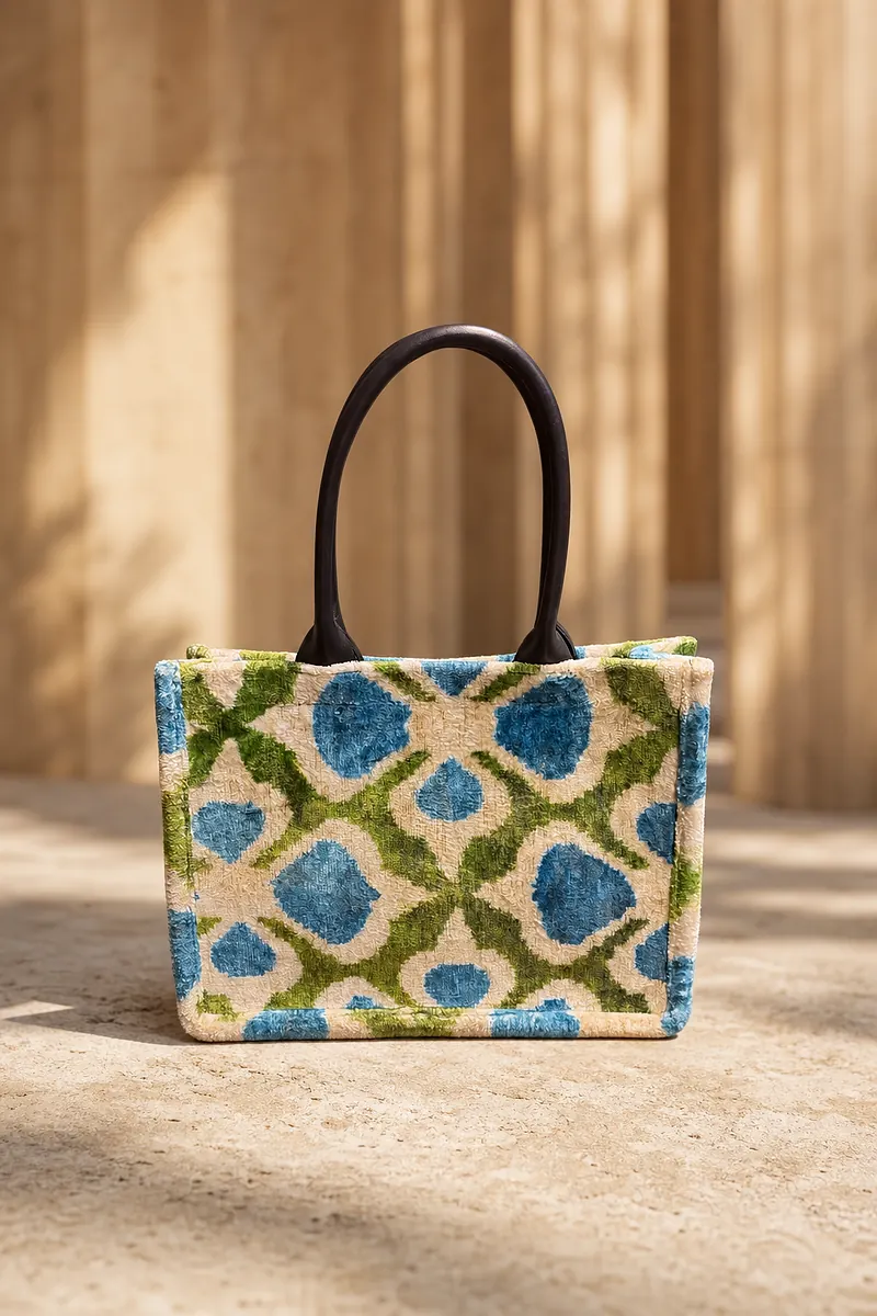 Kilim tote in a turquoise and moss garden-lattice weave on cream, set on travertine between wooden columns