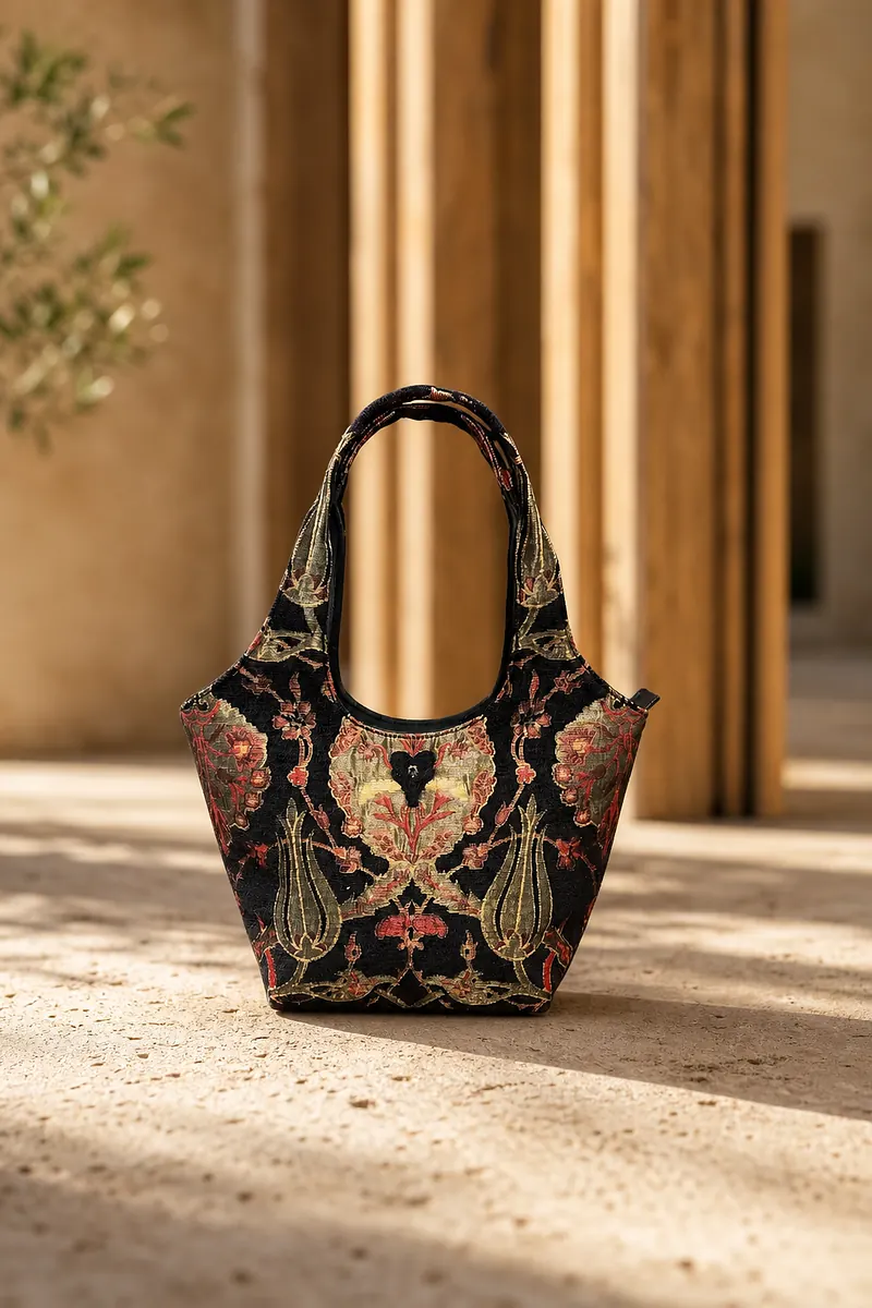 Kilim bucket bag in a black-ground tulip and carnation weave with leather-bound handles, on a sunlit travertine floor
