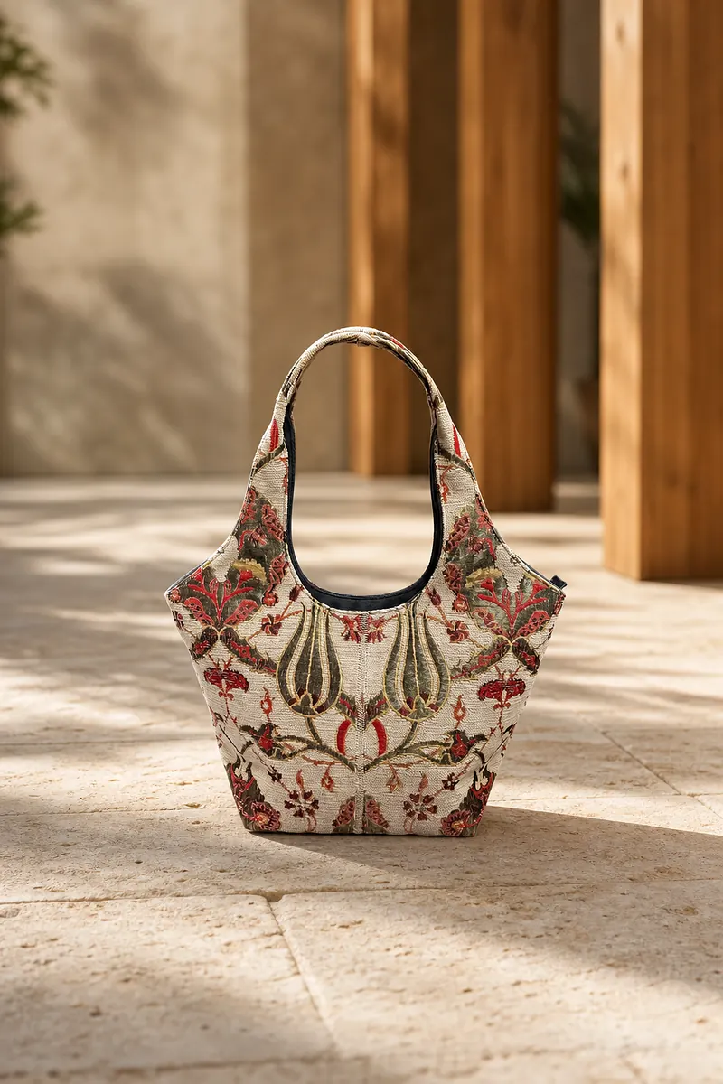 Kilim bucket bag with a tulip drawing woven on an ivory ground in rose and olive, beneath a wooden colonnade