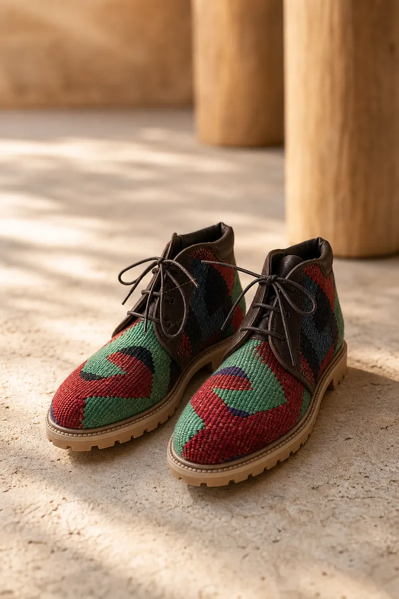 Sivas lace-up kilim boot in saturated emerald, madder and indigo, set on travertine between wooden columns