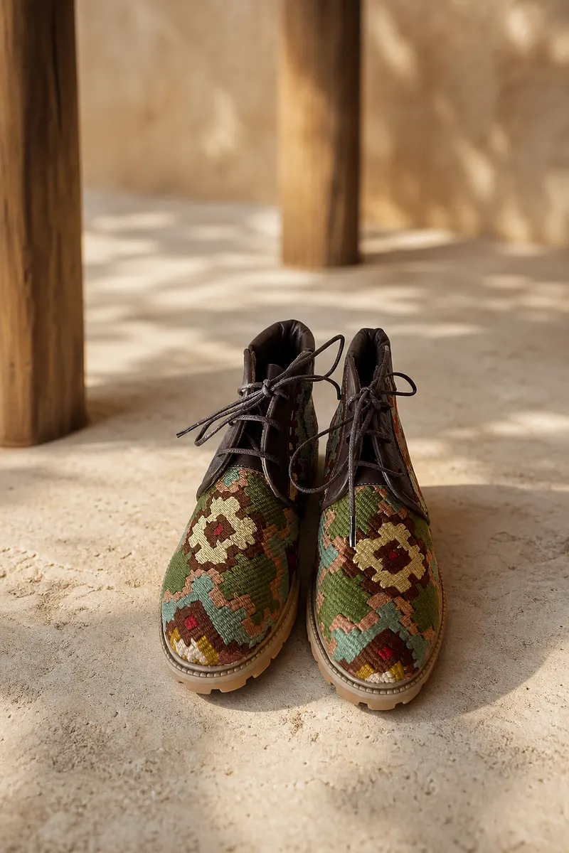 Erzurum lace-up kilim boot with concentric olive and rose diamonds and a leather collar, on a sunlit stone floor
