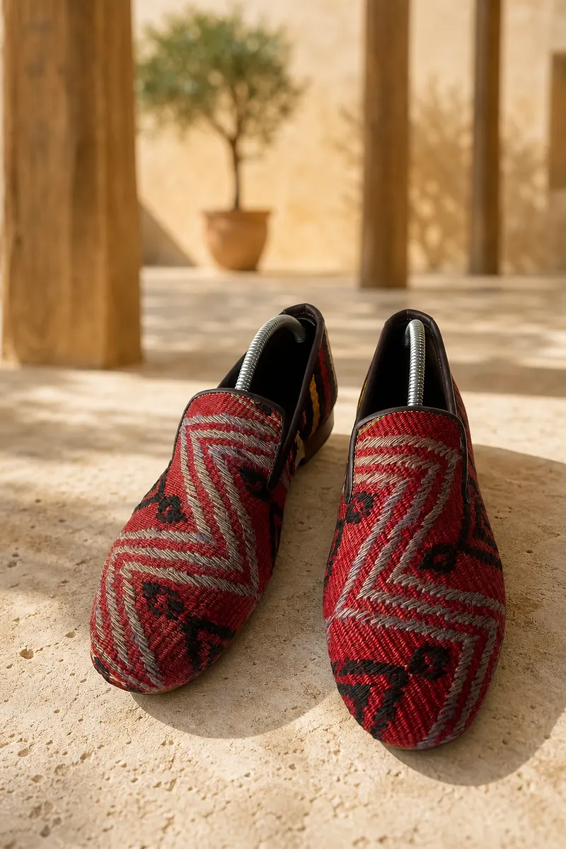 Şarköy slip-on kilim loafers in a fine Thracian madder-red and ivory chevron, on travertine beneath wooden columns