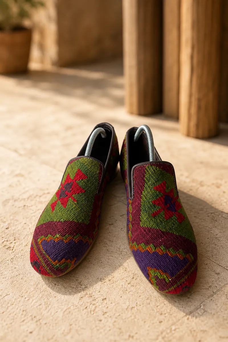 Konya slip-on kilim loafers with an eight-pointed star on an olive field and an aubergine skirt, on a stone floor