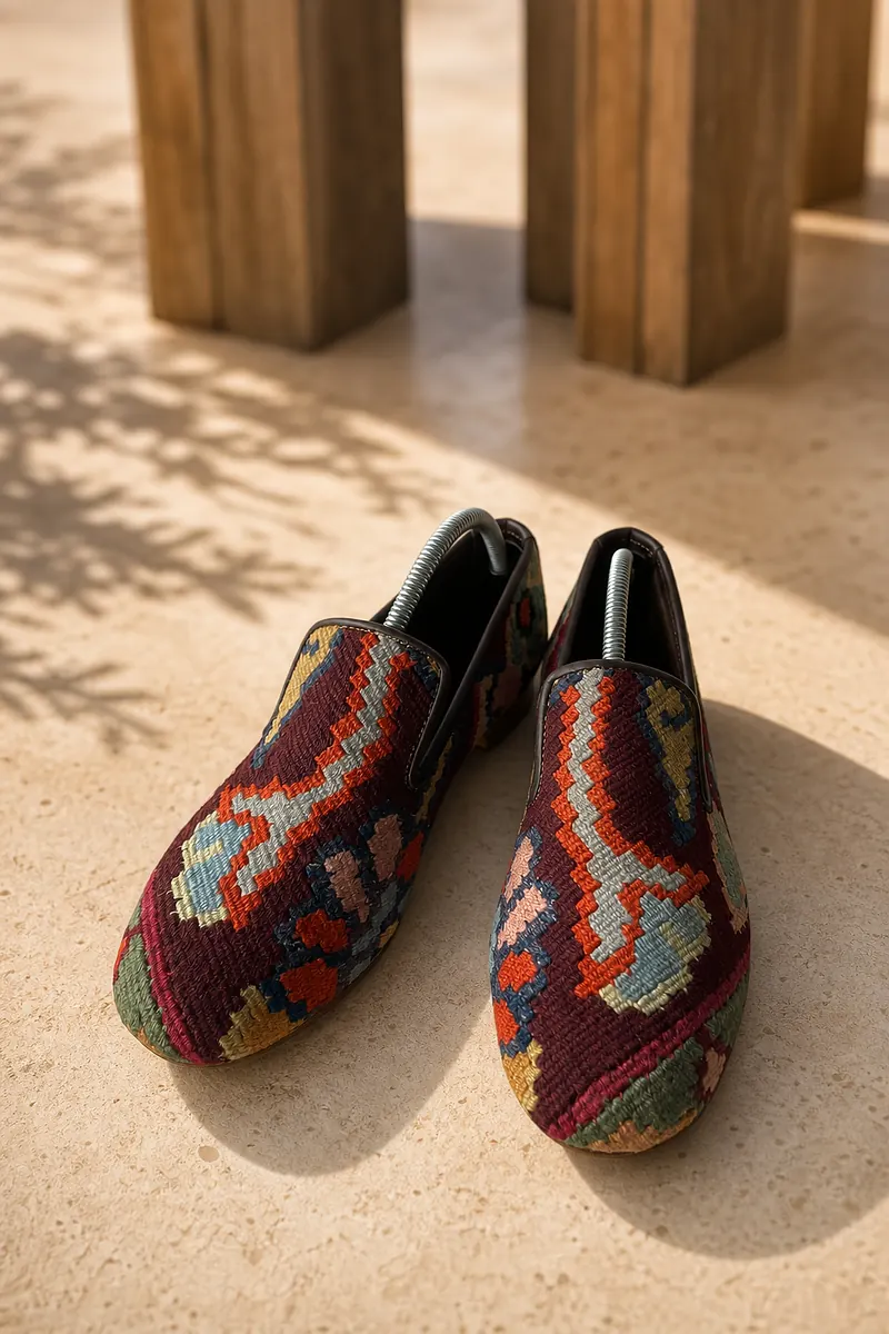 Uşak slip-on kilim loafers on a plum ground with a saffron and orange running border, on sunlit travertine