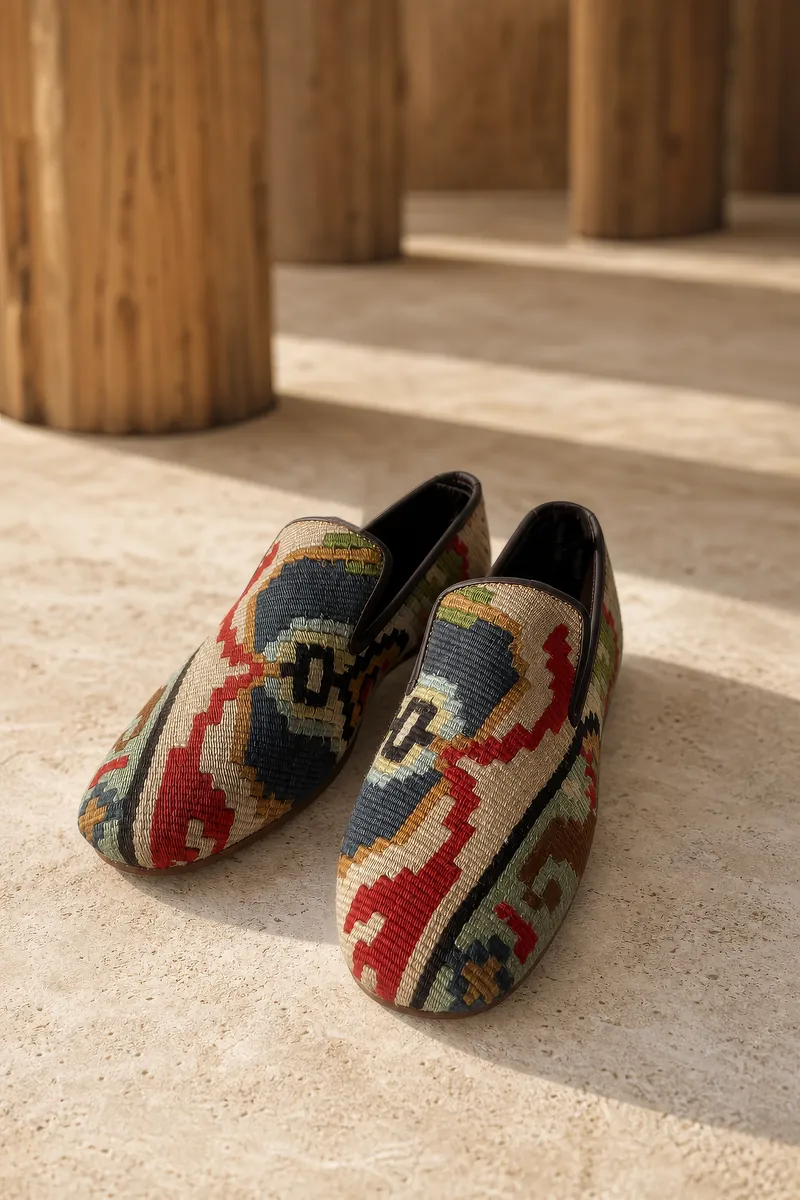 A pair of kilim loafers in scarlet, indigo and cream, set on a pale stone floor between wooden columns